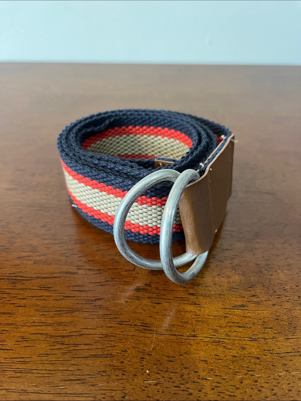 Men's Navy, Red & Cream Woven Belt with Brown Trim